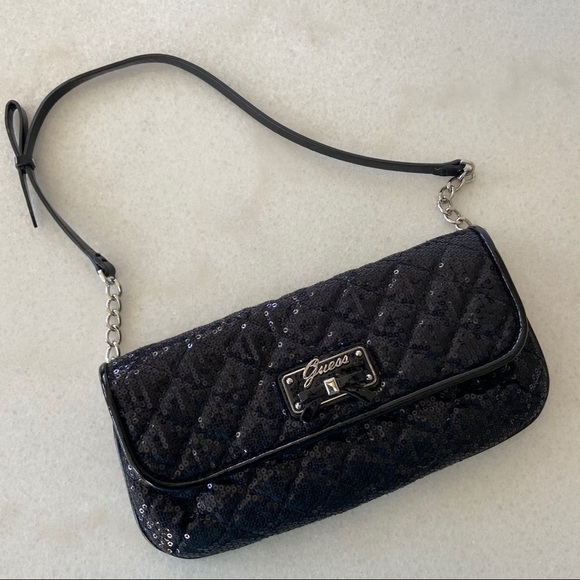 Guess Handbags - Guess Black Sequin Satin Evening Bag Purse Small